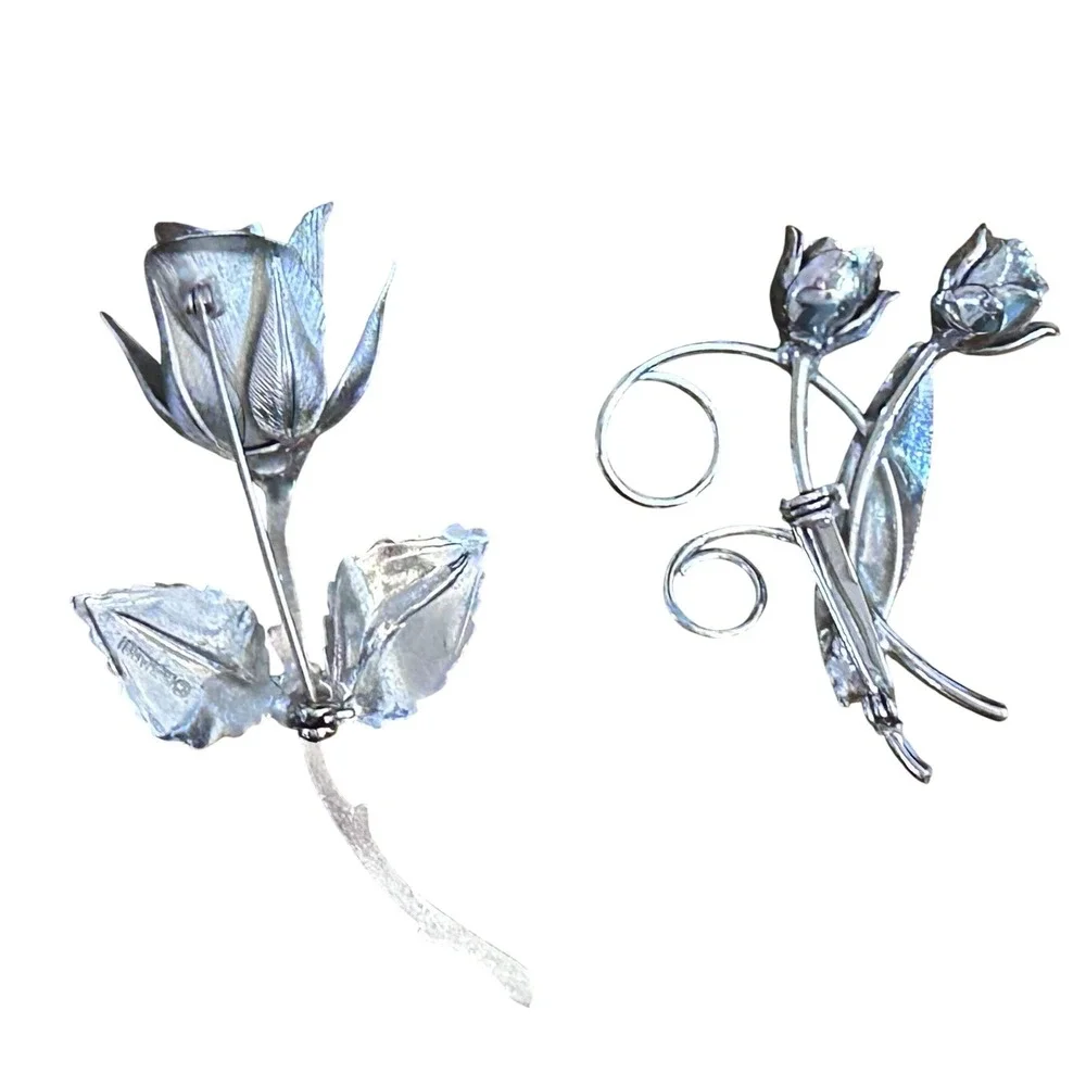 Two Vintage Silver Toned Rose Brooches‎ - Single Rose Double Rose Giovanni